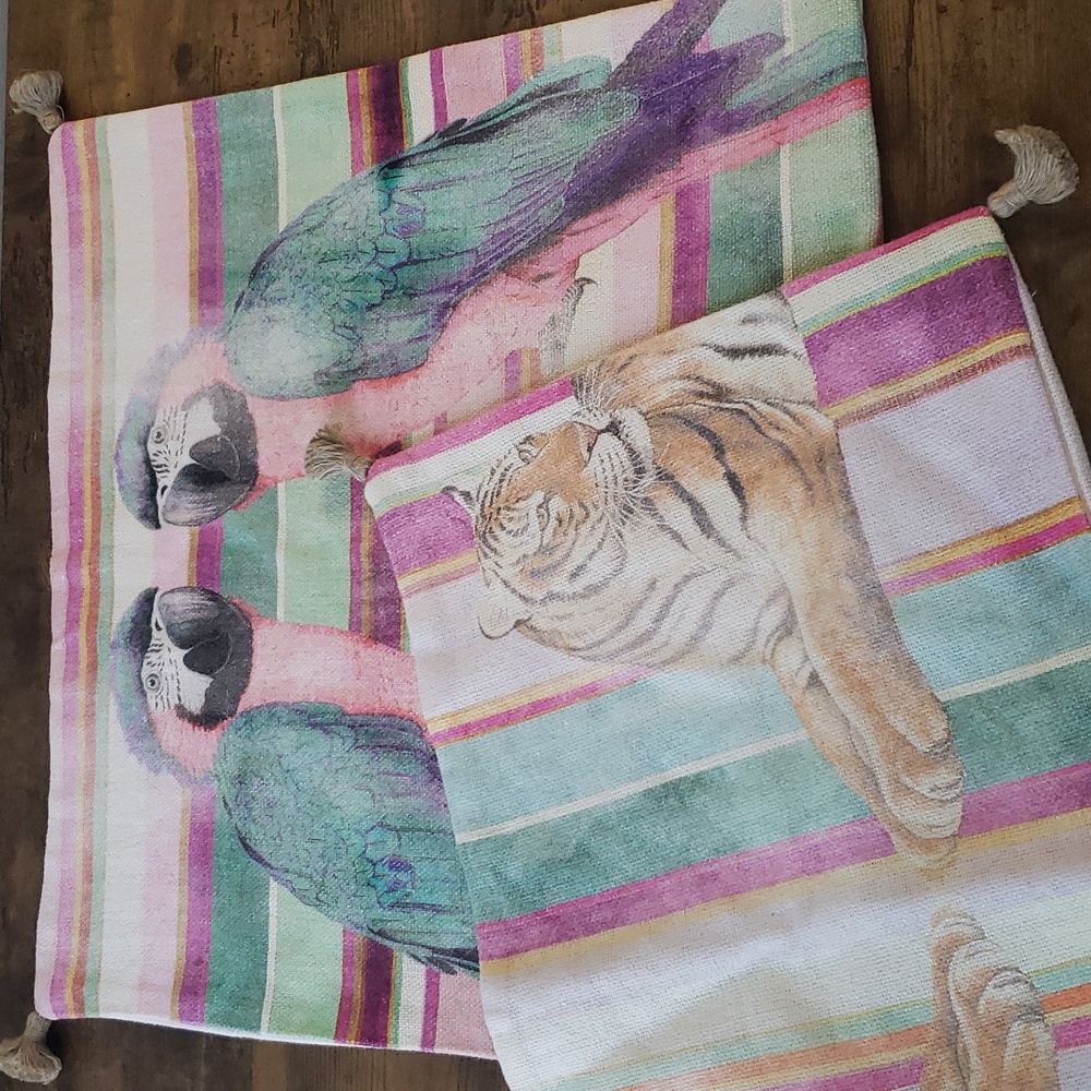 Pink Blue Pastel Watercolour Linen Look Parrot Bird + Tiger Pillowcase Set